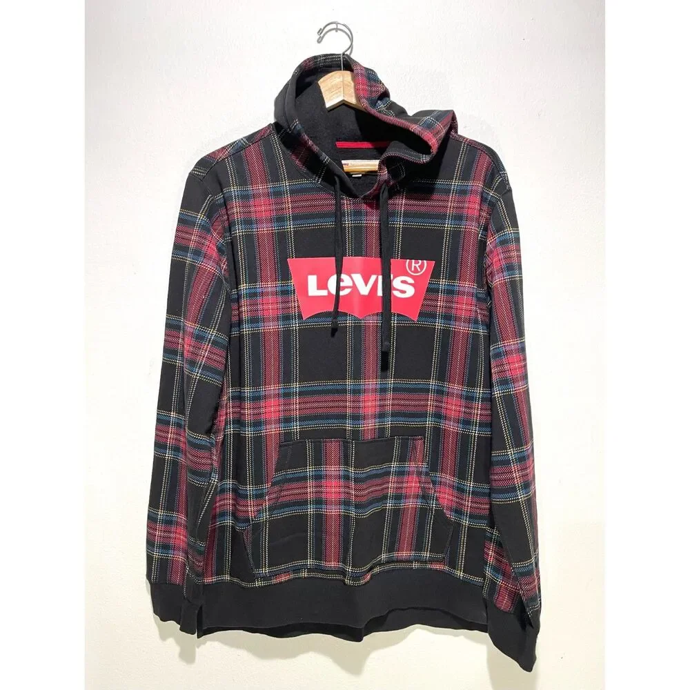 Levi's hooded sweatshirt big logo holidays plaid black red atleisure men's L